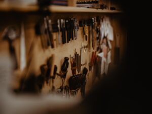 Tool wall in leather workshop